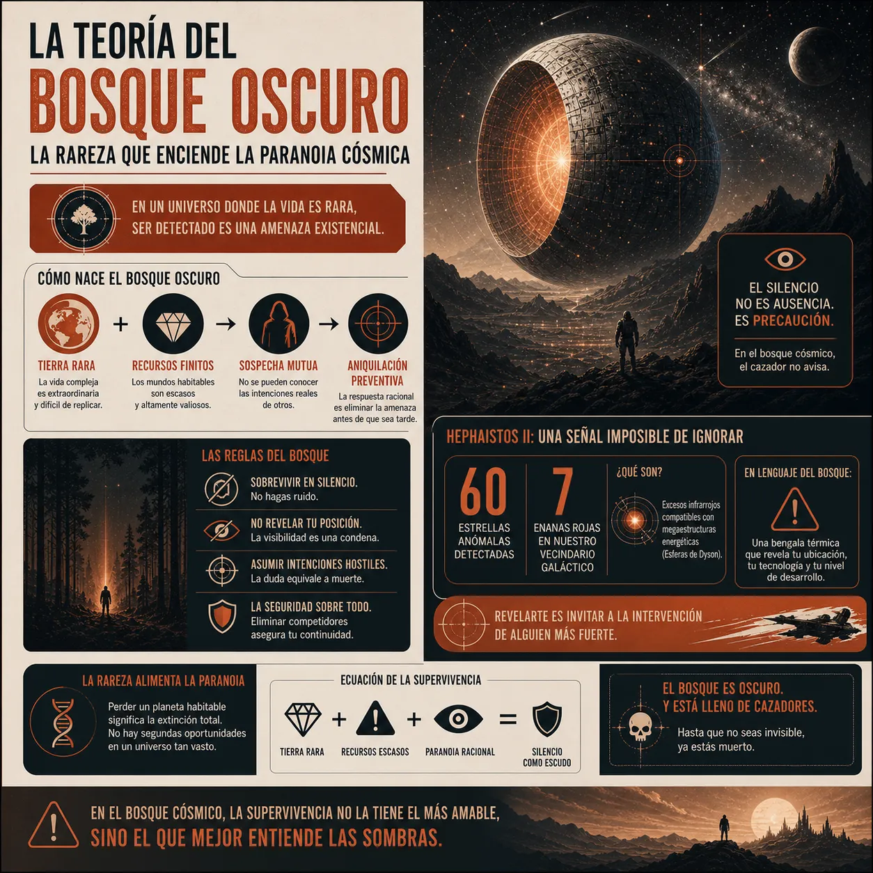 Infografía sobre la Teoría del Bosque Oscuro y la paranoia cósmica. Explica cómo la rareza de la vida y los recursos finitos conducen a la sospecha mutua y a la aniquilación preventiva. Detalla las reglas de supervivencia basadas en el silencio absoluto y analiza los hallazgos del proyecto Hephaistos II como posibles "bengalas térmicas" que revelan el nivel de desarrollo de otras civilizaciones.