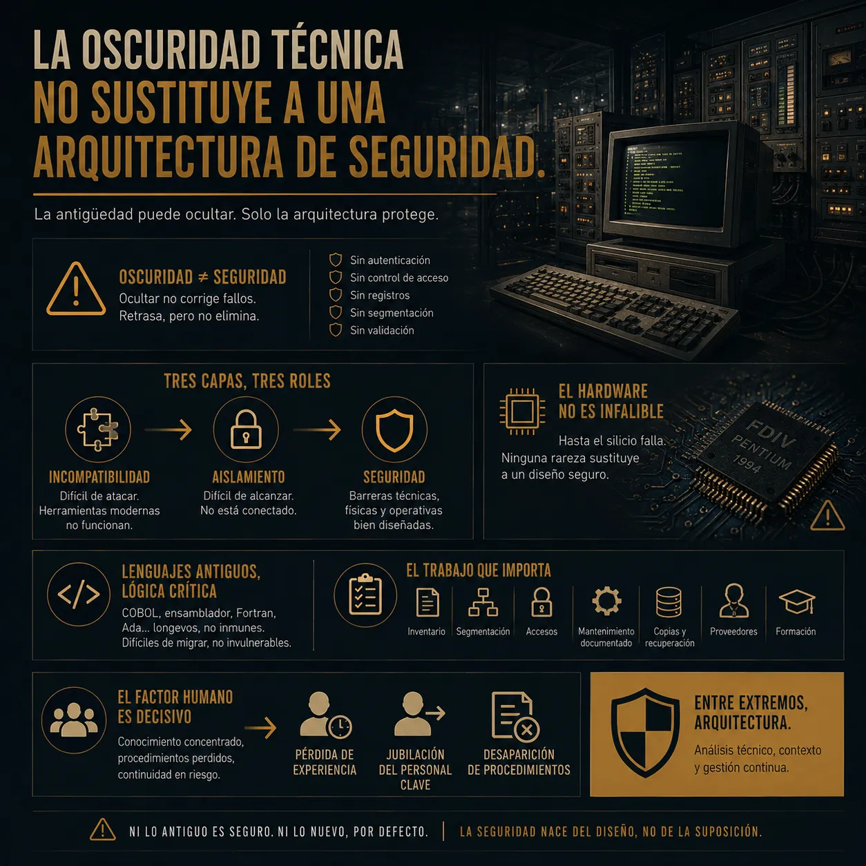 La oscuridad técnica no sustituye a una arquitectura de seguridad | Sistemas legacy y seguridad operacional Infografía sobre seguridad en sistemas legacy e infraestructuras críticas, mostrando hardware antiguo, servidores industriales y conceptos de arquitectura defensiva como aislamiento, segmentación, control de accesos y continuidad operativa en entornos OT.