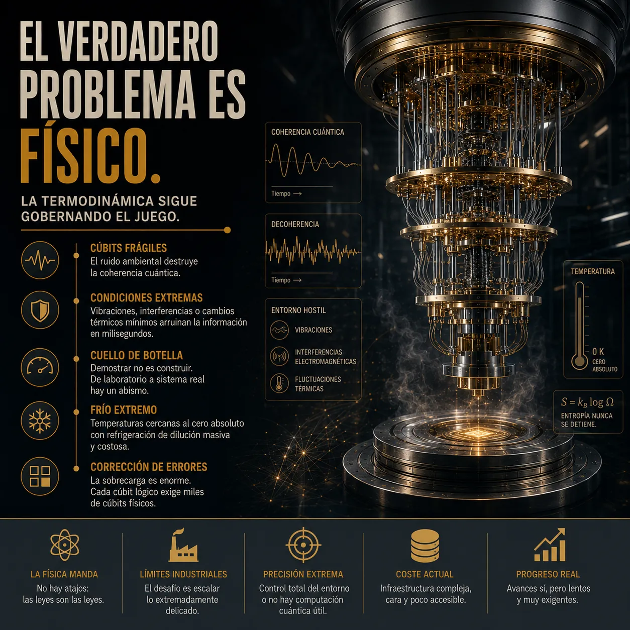 Infografía de TecnoTimes sobre los desafíos físicos de la computación cuántica, mostrando un procesador cuántico y los problemas de decoherencia, temperatura extrema y corrección de errores.