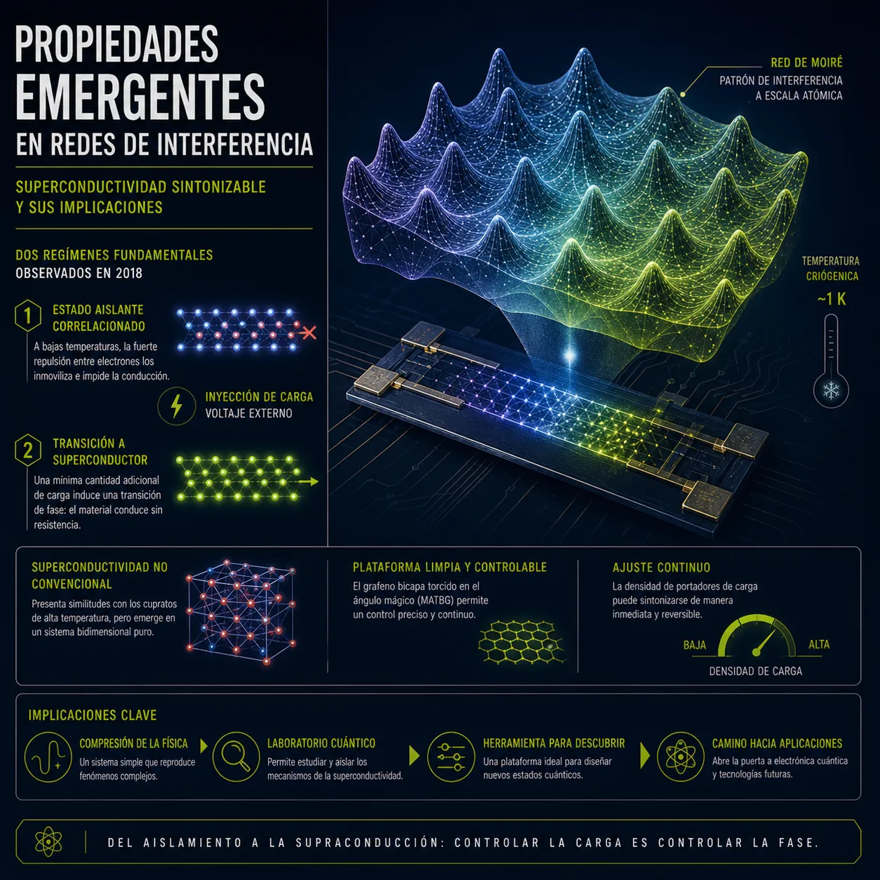 Infografía científica sobre propiedades emergentes en redes de interferencia de Moiré. Explica los regímenes de estado aislante correlacionado y la transición a superconductor mediante inyección de carga, destacando la superconductividad sintonizable y sus implicaciones como laboratorio cuántico.