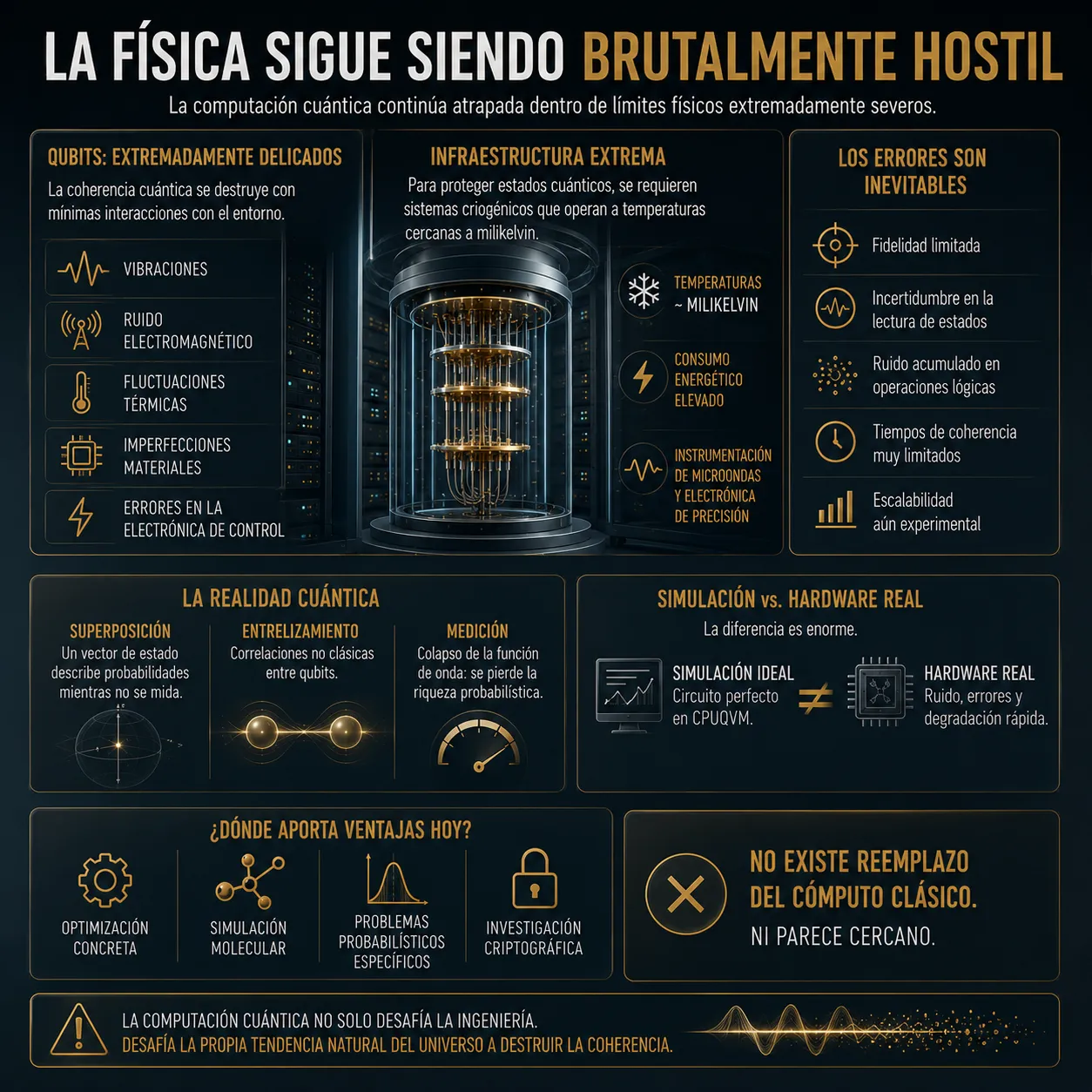 Infografía de TecnoTimes sobre los límites físicos reales de la computación cuántica, mostrando decoherencia, ruido, criogenia extrema, errores inevitables y diferencias entre simulación ideal y hardware cuántico real.