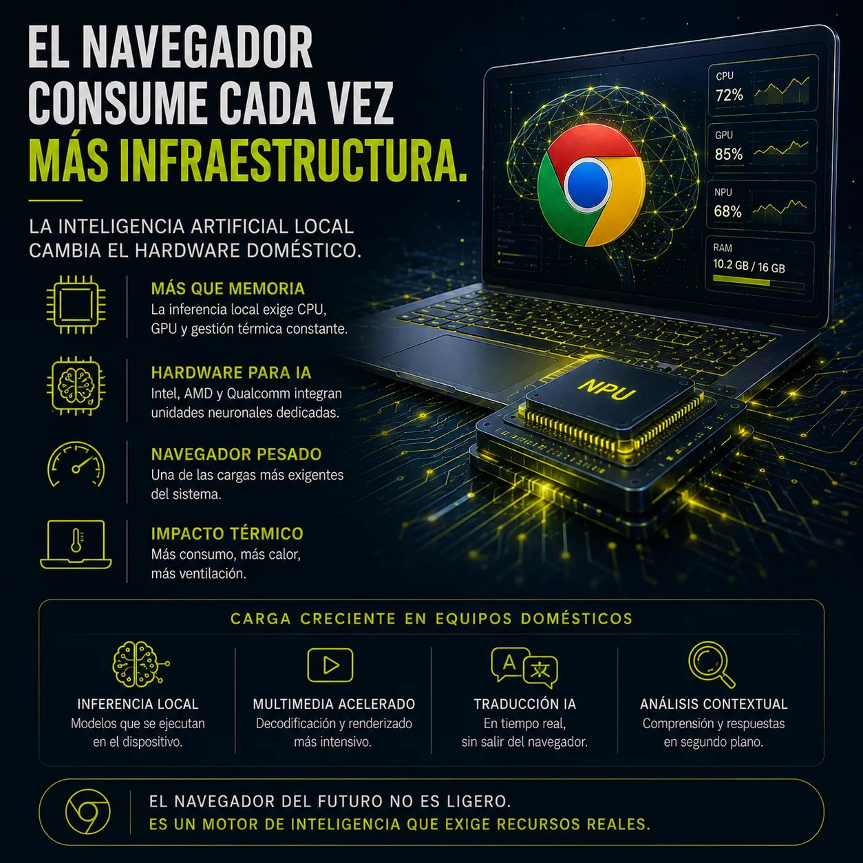 El navegador consume cada vez más infraestructura | IA local, NPUs y aumento de carga en el hardware doméstico | TecnoTimes Infografía de TecnoTimes sobre el aumento del consumo de recursos en los navegadores modernos debido a la integración de inteligencia artificial local, mostrando el impacto sobre CPU, GPU, NPU, memoria y temperatura del hardware doméstico.