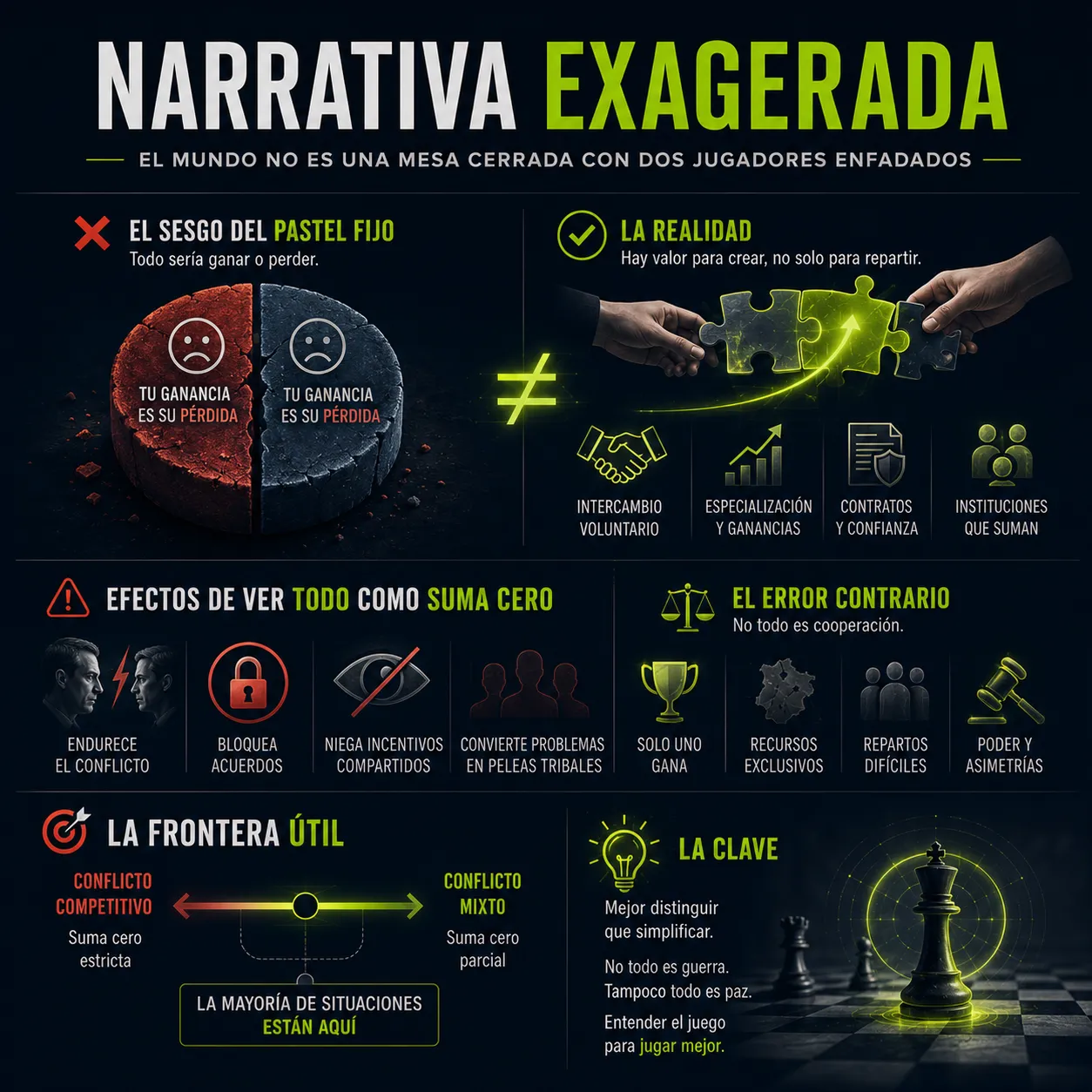 Infografía editorial de TecnoTimes sobre la narrativa exagerada de la suma cero, mostrando el sesgo del pastel fijo, los efectos de interpretar todo como conflicto absoluto y la diferencia entre competencia pura y sistemas de cooperación parcial.