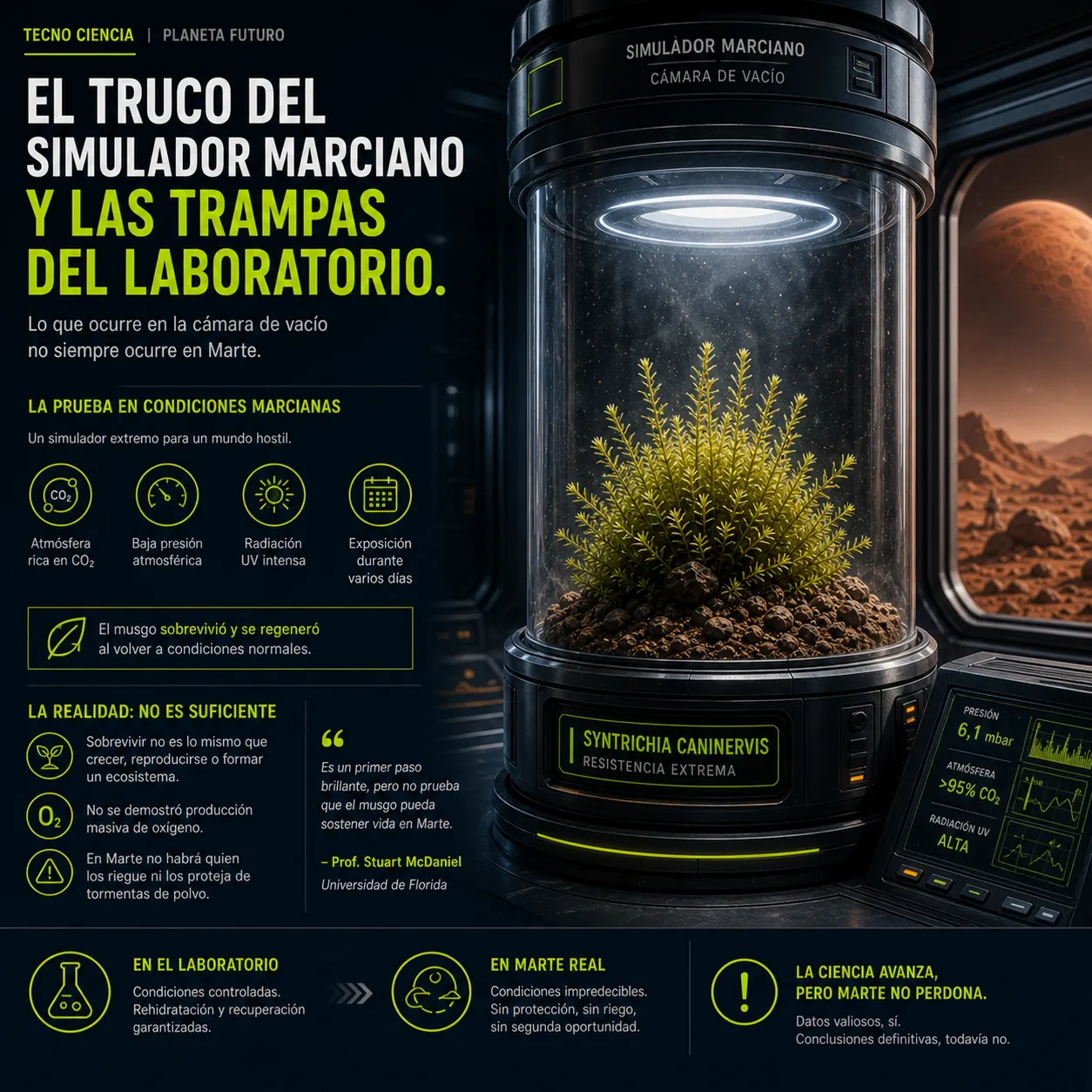Infografía que analiza las diferencias entre los experimentos de laboratorio y la realidad de Marte para el musgo Syntrichia caninervis. Se muestra la planta en un simulador marciano con cámara de vacío, detallando factores como la atmósfera de CO2, baja presión y radiación UV, junto a una comparativa de las condiciones controladas frente a las impredecibles del planeta rojo.