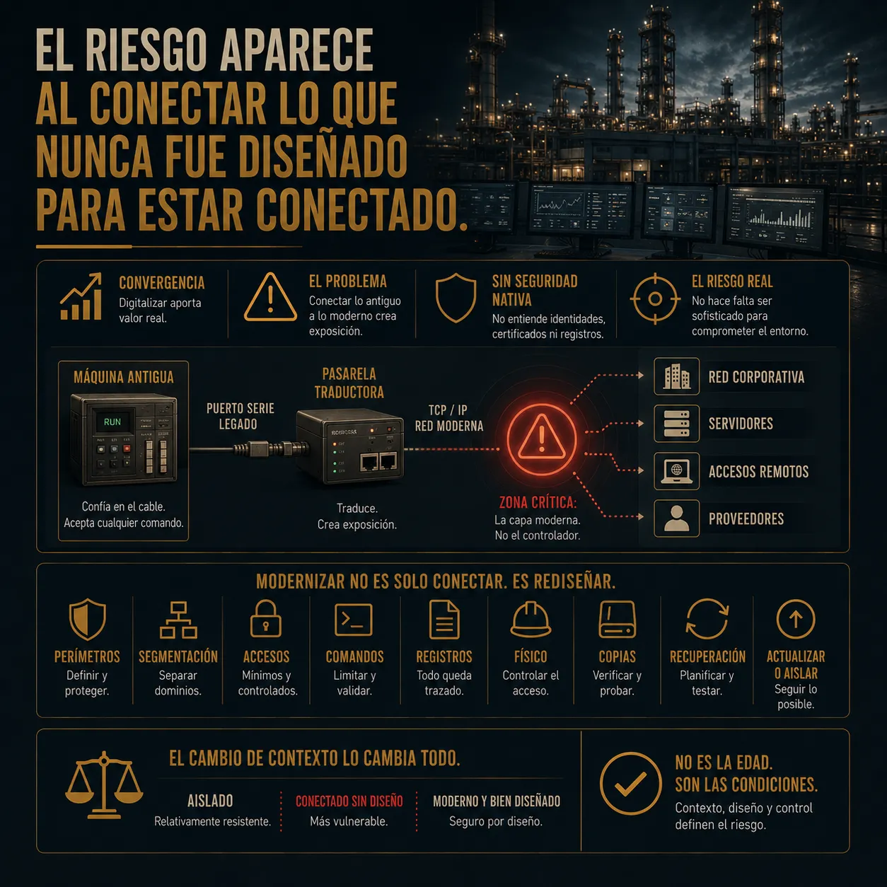 El riesgo aparece al conectar lo que nunca fue diseñado para estar conectado | Sistemas legacy y convergencia OT/IT Infografía sobre riesgos en infraestructuras industriales al conectar sistemas legacy a redes modernas, mostrando controladores industriales, pasarelas de protocolo, redes TCP/IP y conceptos de segmentación, aislamiento y rediseño de seguridad en entornos OT.