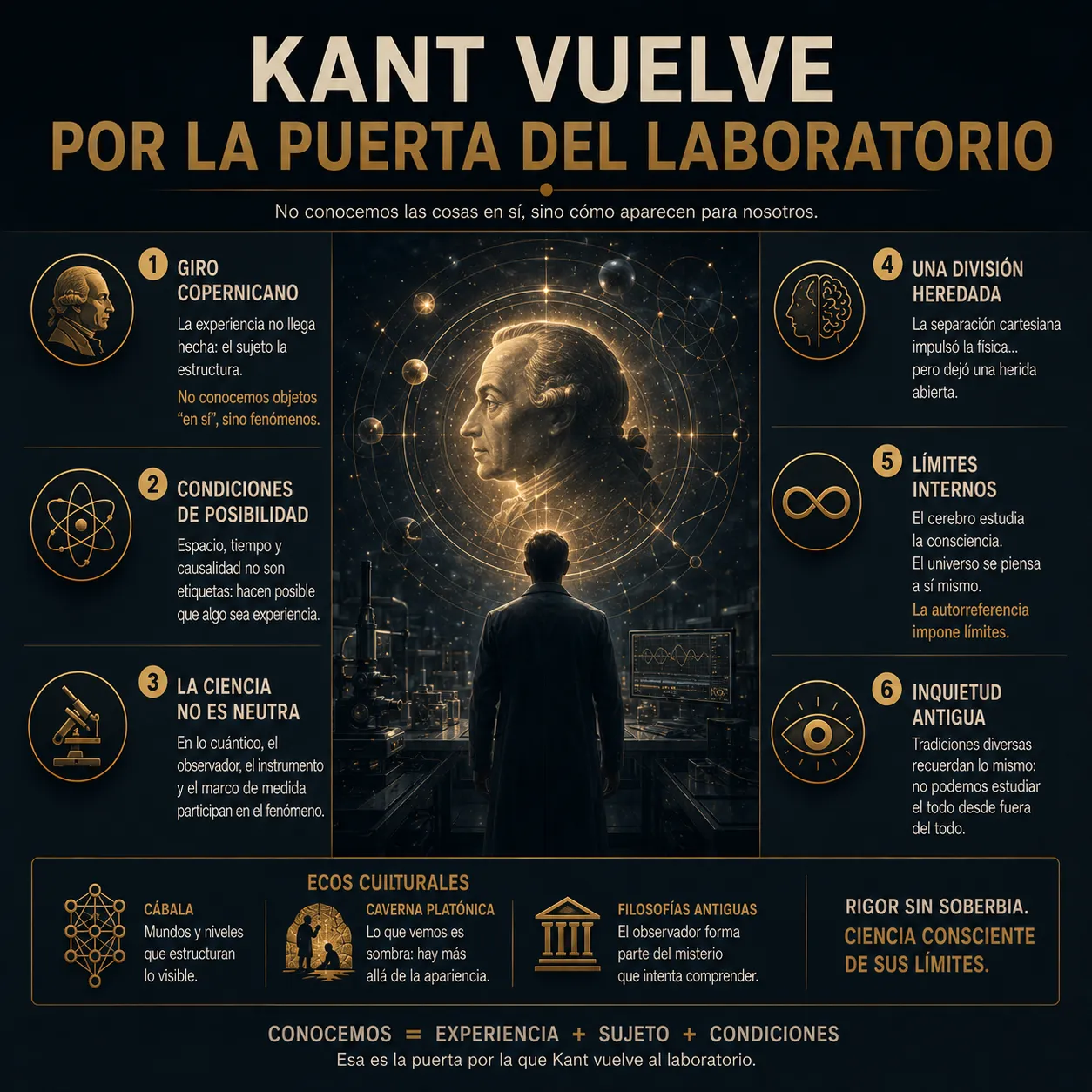 Kant vuelve por la puerta del laboratorio Infografía titulada “Kant vuelve por la puerta del laboratorio”, sobre la relación entre conocimiento, experiencia, condiciones de posibilidad y límites del observador en la ciencia contemporánea.