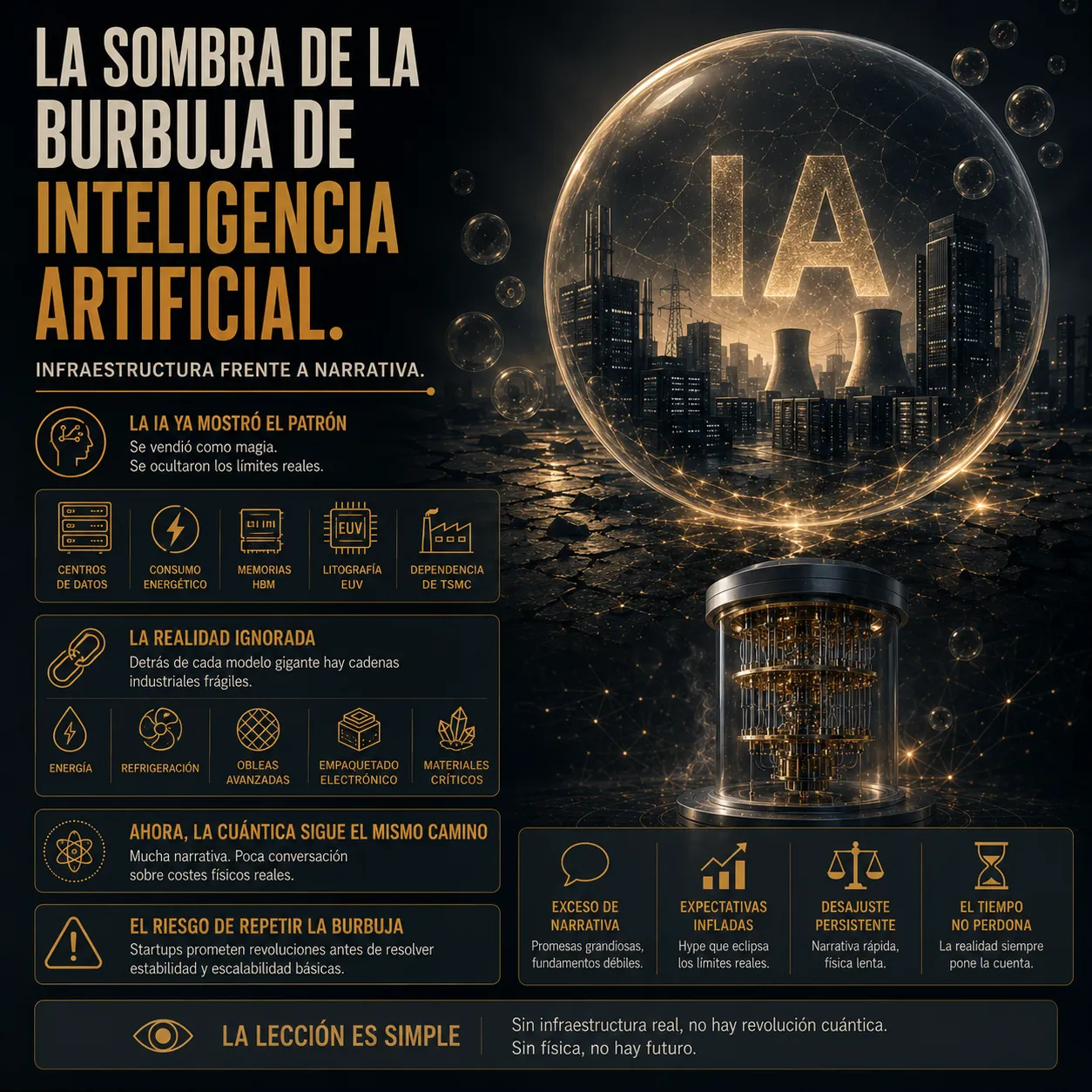Infografía de TecnoTimes que compara la actual carrera por la computación cuántica con la burbuja de la inteligencia artificial, destacando la importancia de la infraestructura y los límites físicos.