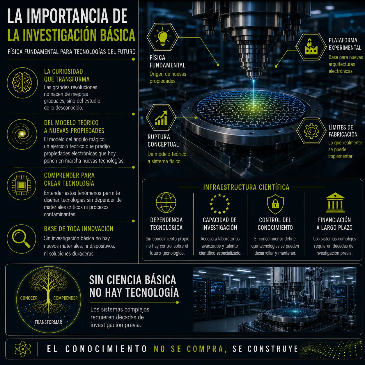 Infografía titulada La importancia de la investigación básica: física fundamental para tecnologías del futuro. Explica la transición del modelo teórico a sistemas físicos, la infraestructura científica necesaria (financiación, conocimiento y capacidad técnica) y defiende que la ciencia básica es la base indispensable para la soberanía tecnológica y la innovación.