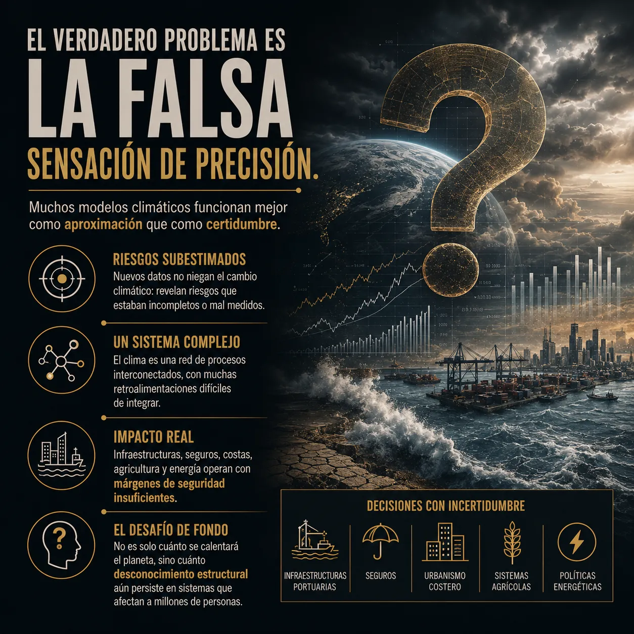 Infografía editorial sobre las limitaciones de los modelos climáticos, mostrando incertidumbre científica, riesgos infraestructurales y sistemas costeros afectados por decisiones basadas en proyecciones incompletas.