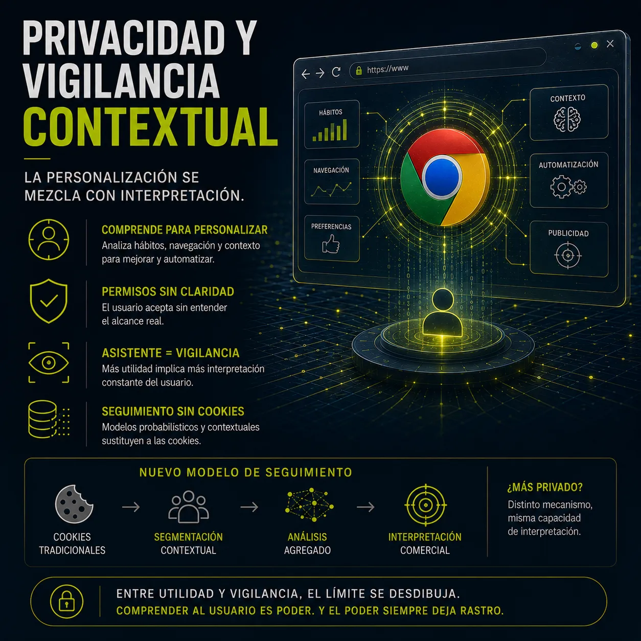 Privacidad y vigilancia contextual en Chrome | IA, segmentación contextual y nuevos modelos de seguimiento digital | TecnoTimes Infografía de TecnoTimes sobre privacidad y vigilancia contextual en navegadores modernos, mostrando cómo Chrome y la inteligencia artificial interpretan hábitos, contexto y comportamiento del usuario para personalización, automatización y segmentación avanzada.