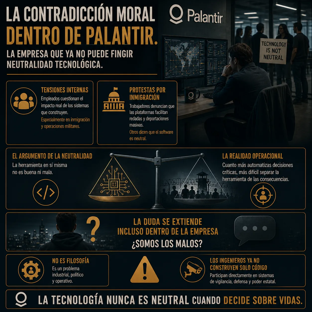 Infografía editorial de TecnoTimes sobre las contradicciones morales dentro de Palantir y el debate sobre la neutralidad tecnológica. La imagen representa tensiones internas, vigilancia, automatización de decisiones críticas y el impacto político de plataformas utilizadas en inmigración, defensa y control estatal.