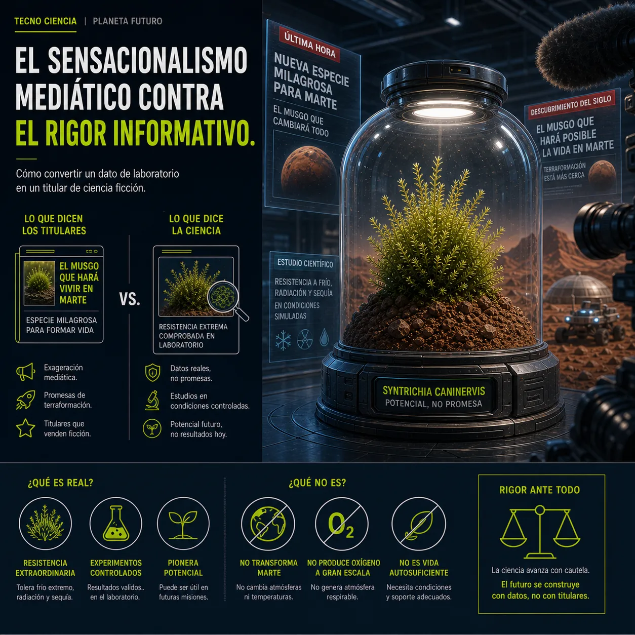 Infografía que compara el sensacionalismo mediático frente al rigor científico sobre el musgo Syntrichia caninervis. La imagen muestra la planta en una cápsula bajo un entorno de estudio, contrastando titulares exagerados de "especie milagrosa" con la realidad de los experimentos controlados que demuestran resistencia pero no una capacidad inmediata de terraformación.