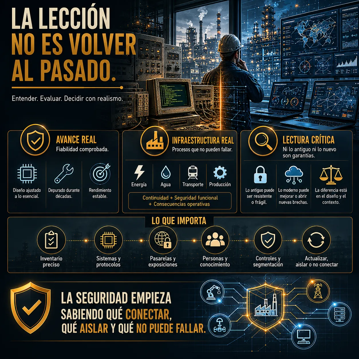 La lección no es volver al pasado | Infraestructura crítica, sistemas legacy y seguridad operacional Infografía sobre infraestructuras críticas, sistemas legacy y seguridad operacional, mostrando entornos industriales híbridos donde conviven hardware antiguo y plataformas digitales modernas para gestionar procesos esenciales como energía, agua, transporte y producción.