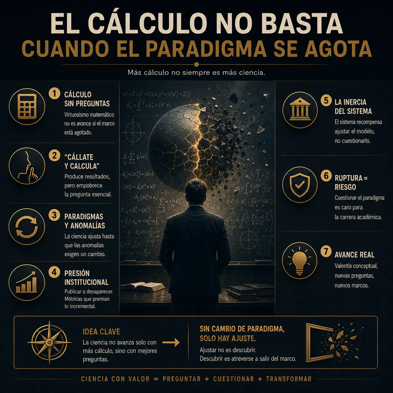 El cálculo no basta cuando el paradigma se agota Infografía titulada “El cálculo no basta cuando el paradigma se agota”, sobre los límites del cálculo científico cuando las anomalías exigen cambiar el marco conceptual.