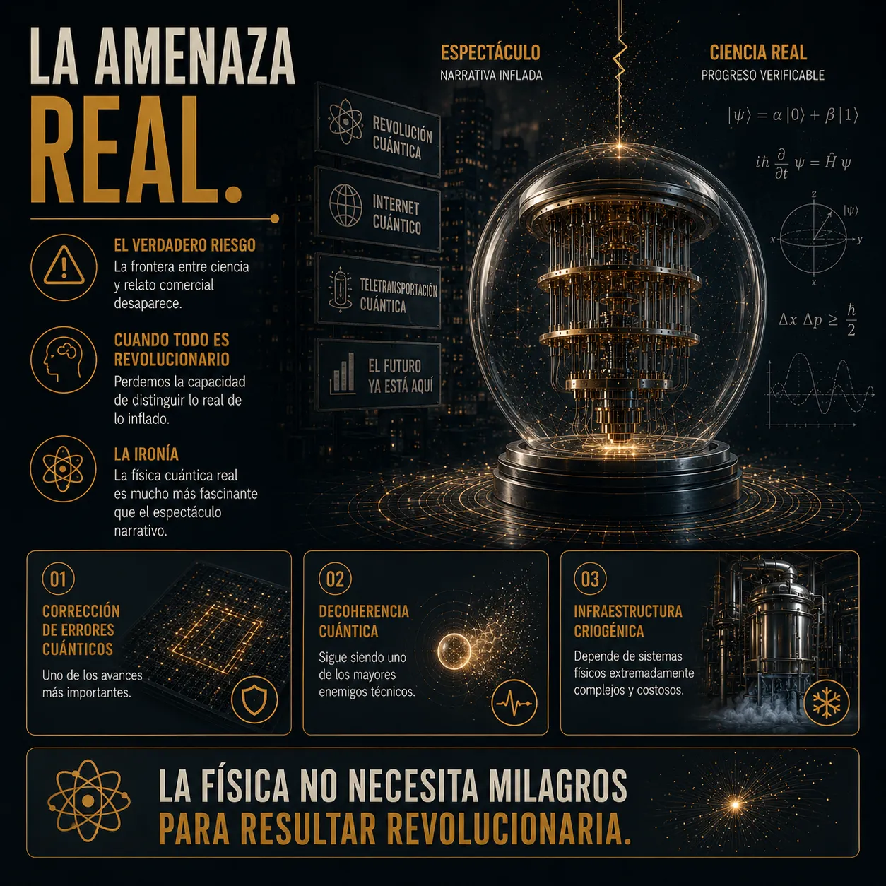 Infografía de TecnoTimes sobre los riesgos de confundir la investigación cuántica real con las narrativas comerciales que prometen revoluciones inmediatas.