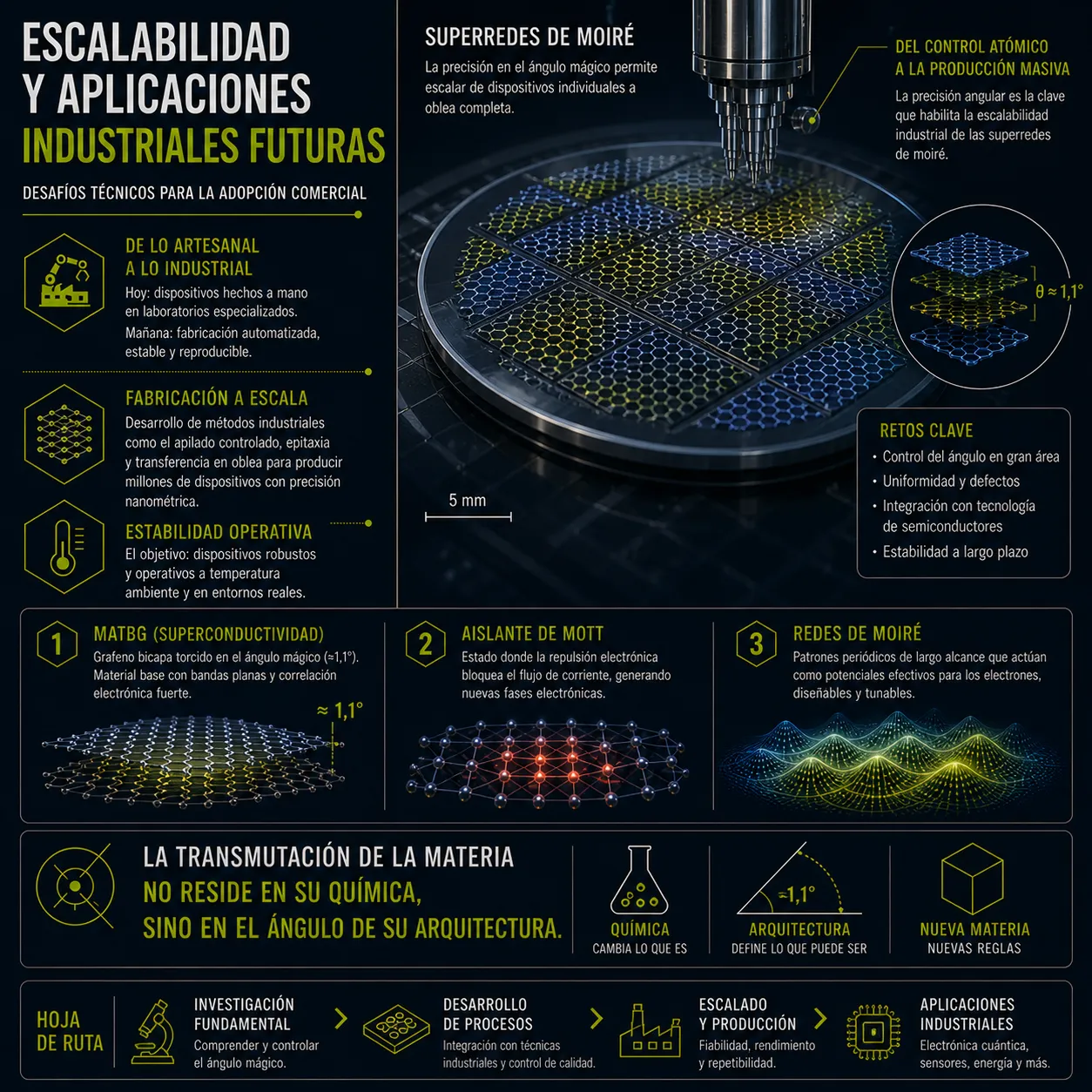 Infografía sobre escalabilidad y aplicaciones industriales futuras del grafeno bicapa. Analiza los desafíos técnicos para pasar de la fabricación artesanal a la industrial, incluyendo el control del ángulo en grandes áreas, la integración con semiconductores y la hoja de ruta desde la investigación fundamental hasta la electrónica cuántica.