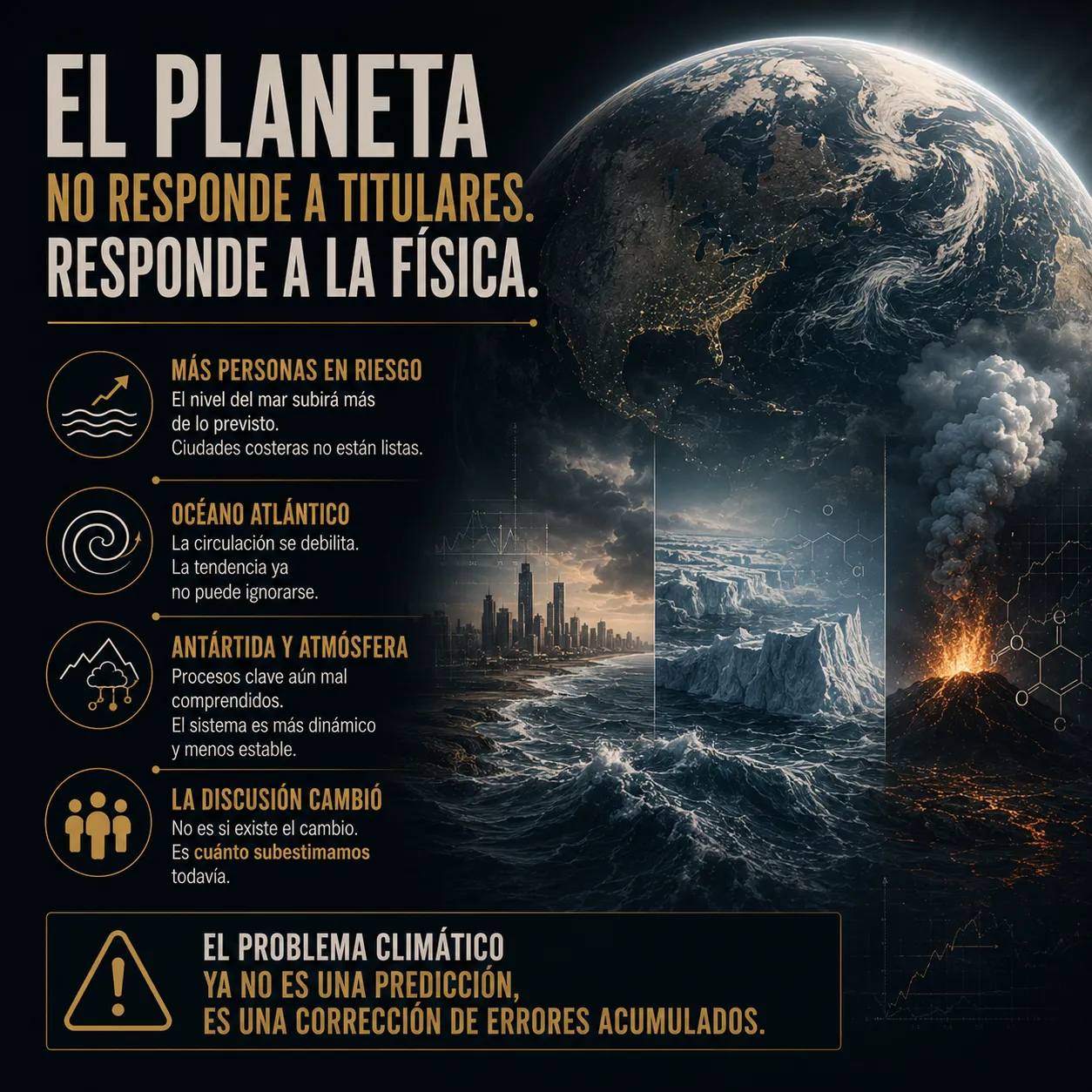 Infografía climática sobre el aumento del nivel del mar, el debilitamiento del Atlántico Norte, la inestabilidad antártica y los límites de los modelos climáticos, representados mediante océanos turbulentos, glaciares y actividad volcánica.
