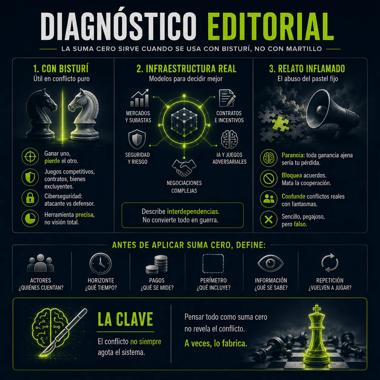 Infografía editorial de TecnoTimes sobre los límites de la suma cero como herramienta estratégica, mostrando conflicto competitivo, mercados, ciberseguridad, negociación, interdependencias y el riesgo de convertir cualquier desacuerdo en una guerra total.