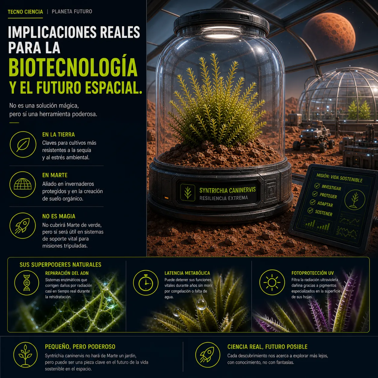 Infografía sobre las aplicaciones de la biotecnología del musgo Syntrichia caninervis en la Tierra y el espacio. La imagen detalla sus mecanismos naturales como la reparación del ADN, la latencia metabólica y la fotoprotección UV, posicionándolo como una herramienta clave para cultivos resistentes y futuros sistemas de soporte vital en invernaderos marcianos.