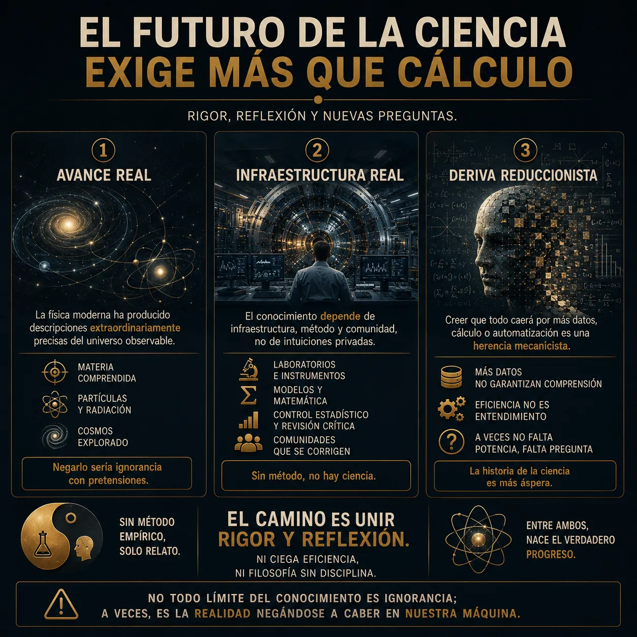 El futuro de la ciencia exige más que cálculo Infografía titulada “El futuro de la ciencia exige más que cálculo”, sobre la necesidad de unir precisión científica, infraestructura material, reflexión crítica y nuevas preguntas para superar los límites del reduccionismo.