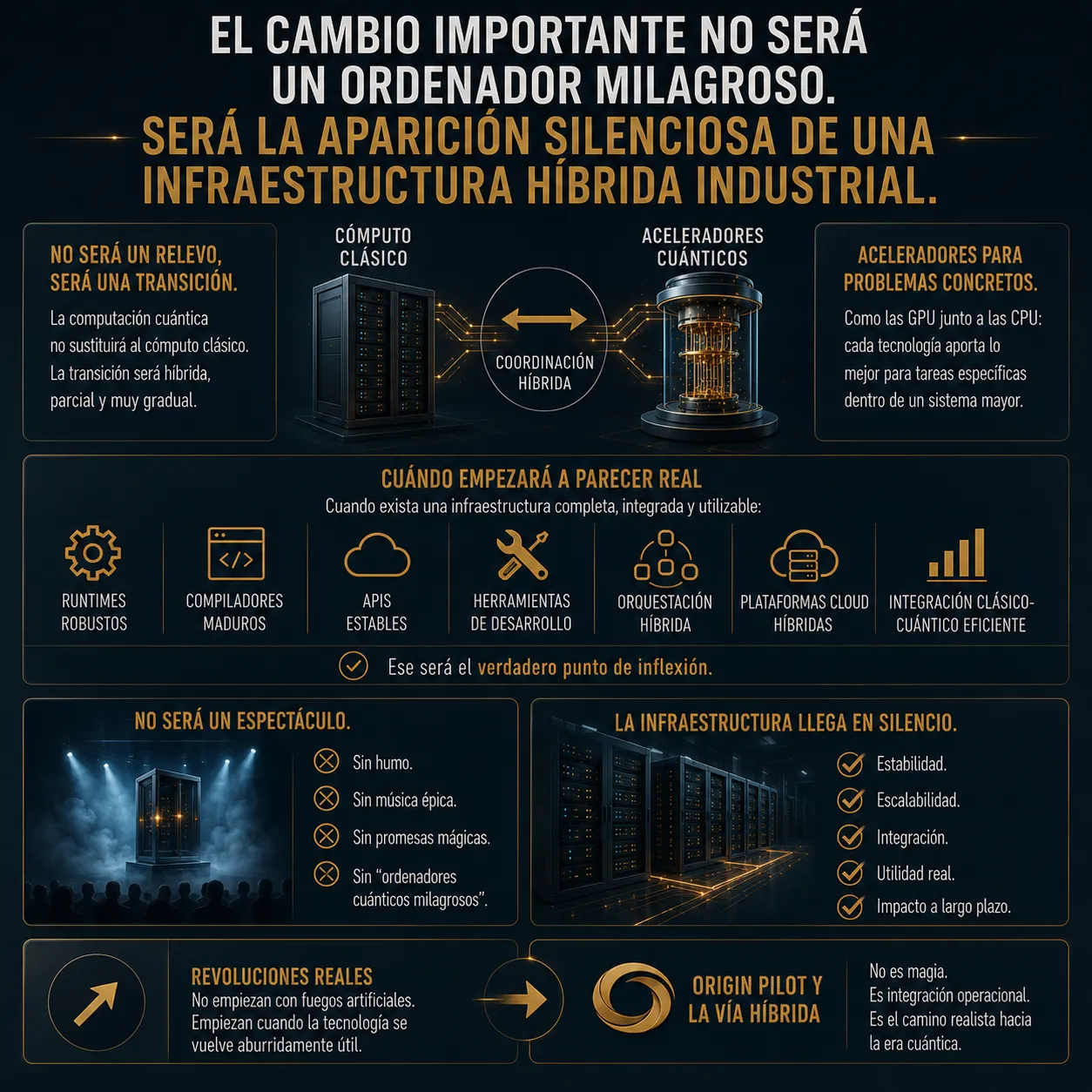 Infografía de TecnoTimes sobre la transición hacia infraestructuras híbridas cuántico-clásicas, mostrando integración entre cómputo clásico y aceleradores cuánticos, runtimes, compiladores, APIs y plataformas cloud industriales.