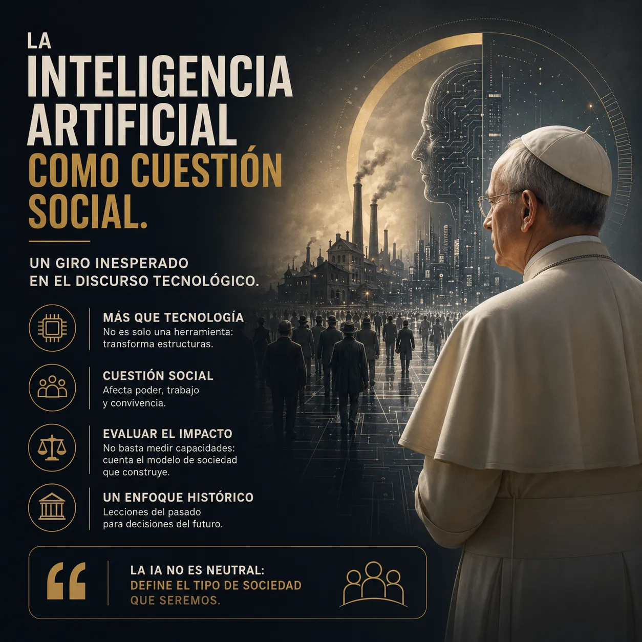 León XIV y la inteligencia artificial como cuestión social y ética del siglo XXI. Infografía sobre el discurso de León XIV acerca de la inteligencia artificial como cuestión social. El pontífice observa una ciudad tecnológica futurista donde una gran silueta digital representa la IA. La composición destaca el impacto de la inteligencia artificial en la sociedad, el trabajo, el poder y las decisiones colectivas, con un enfoque ético y humano sobre el futuro tecnológico.