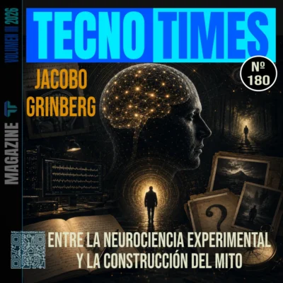 Portada número 180 de TecnoTimes dedicada a Jacobo Grinberg, con una figura cerebral luminosa, registros de actividad neuronal, documentos y una silueta caminando hacia una luz, representando el cruce entre neurociencia experimental, conciencia y construcción del mito.