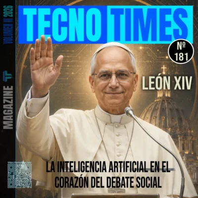 Portada de TecnoTimes Magazine nº 181 dedicada al análisis del papel de León XIV en el debate contemporáneo sobre la inteligencia artificial. La imagen muestra al pontífice saludando frente a la Basílica de San Pedro, con elementos visuales que combinan simbolismo religioso y tecnología digital para representar el impacto social, ético y político de la IA.