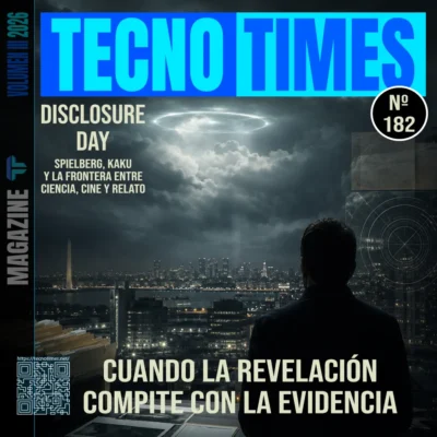 Portada nº 182 de TecnoTimes sobre Disclosure Day, con una figura observando una ciudad nocturna bajo una anomalía luminosa en el cielo y el titular “Cuando la revelación compite con la evidencia”.