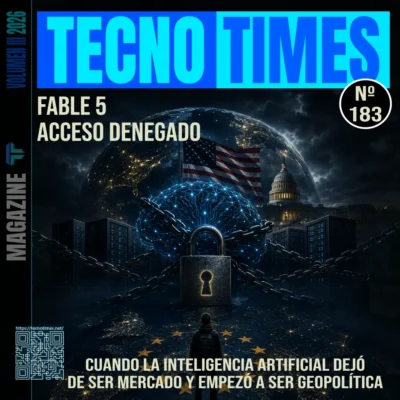 Portada de TecnoTimes número 183 sobre Fable 5 y la restricción de acceso a modelos avanzados de inteligencia artificial, con una IA encadenada bajo un candado frente a servidores, la bandera estadounidense, el Capitolio y Europa en primer plano.