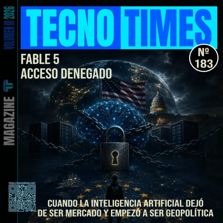 Portada de TecnoTimes número 183 sobre Fable 5 y la restricción de acceso a modelos avanzados de inteligencia artificial, con una IA encadenada bajo un candado frente a servidores, la bandera estadounidense, el Capitolio y Europa en primer plano.