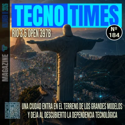 Portada de TecnoTimes Nº 184 con el Cristo Redentor sobre Río de Janeiro y el titular Rio 3.5 Open 397B, sobre soberanía tecnológica, modelos abiertos y dependencia digital.