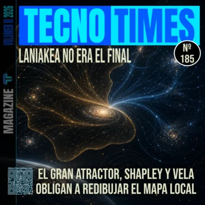 Portada de TecnoTimes sobre Laniakea, el Gran Atractor, Shapley y Vela, mostrando flujos gravitatorios cósmicos que redibujan la cartografía del universo local.