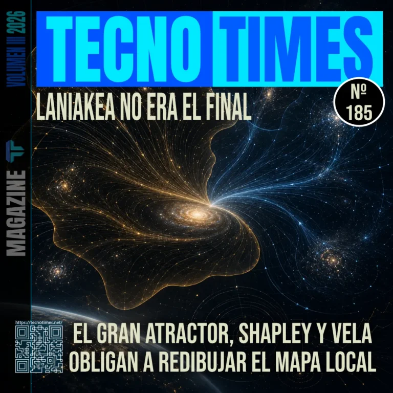 Portada de TecnoTimes sobre Laniakea, el Gran Atractor, Shapley y Vela, mostrando flujos gravitatorios cósmicos que redibujan la cartografía del universo local.