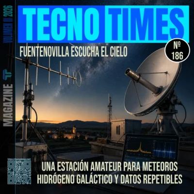 Portada de TecnoTimes nº 186 con antena de radio, radiotelescopio, portátil de análisis y cielo nocturno sobre Fuentenovilla.