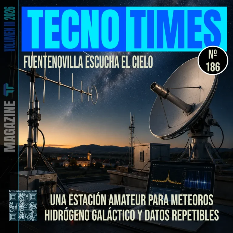 Portada de TecnoTimes nº 186 con antena de radio, radiotelescopio, portátil de análisis y cielo nocturno sobre Fuentenovilla.
