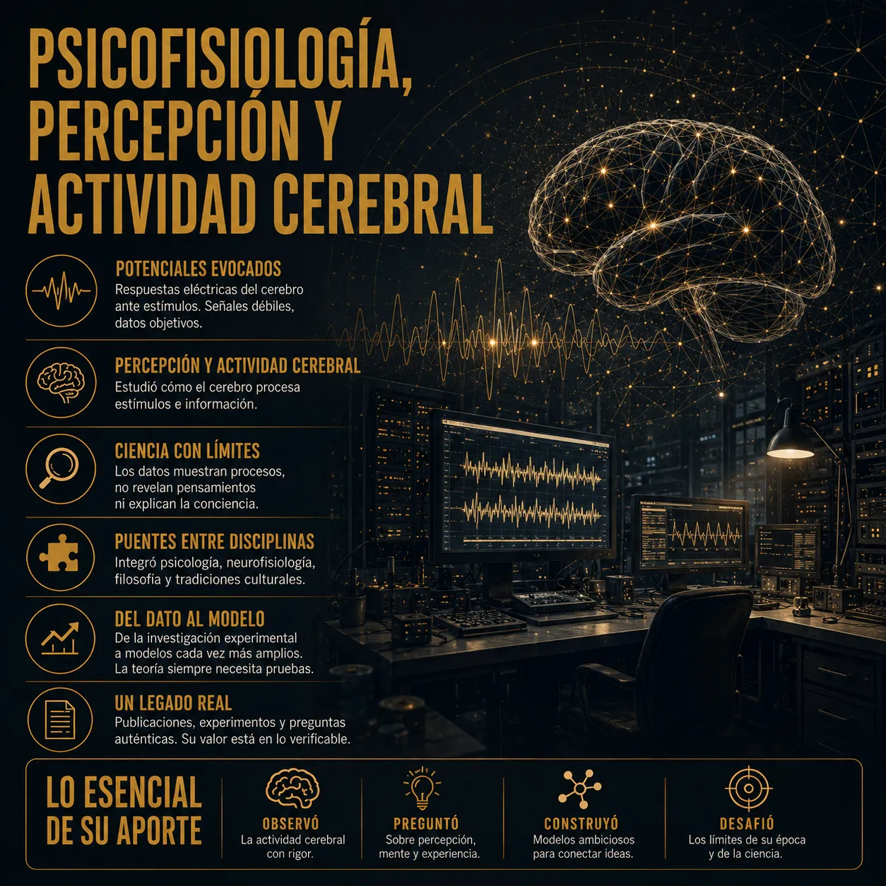Infografía sobre psicofisiología, percepción y actividad cerebral, con una mesa de laboratorio, señales eléctricas, un cerebro formado por líneas luminosas y bloques explicativos sobre potenciales evocados, límites de los datos, trabajo interdisciplinar y legado científico de Jacobo Grinberg.