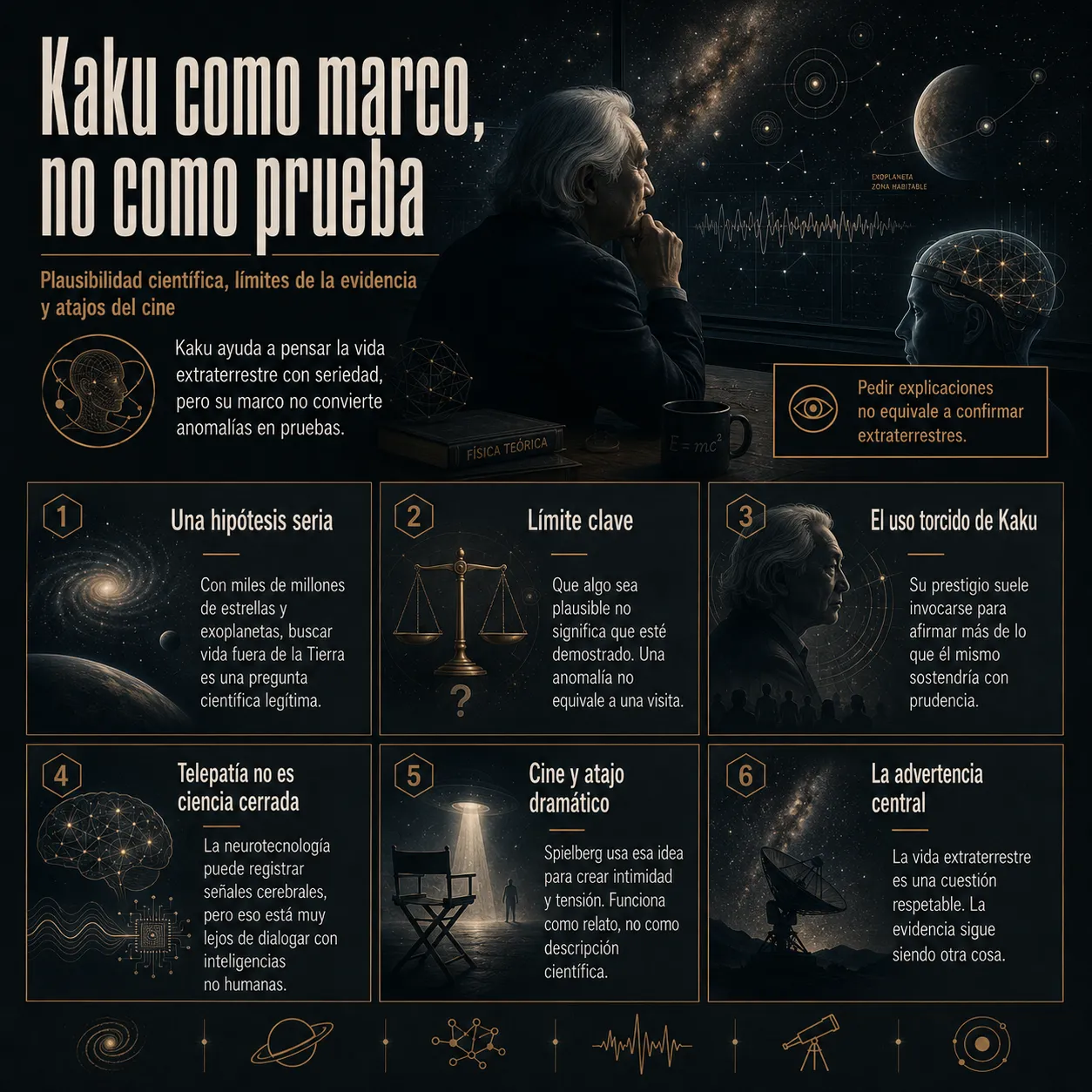 Kaku como marco, no como prueba. Infografía editorial sobre Michio Kaku como marco de lectura científica, con referencias visuales a exoplanetas, neurotecnología, telepatía, cine de ciencia ficción y límites de la evidencia.