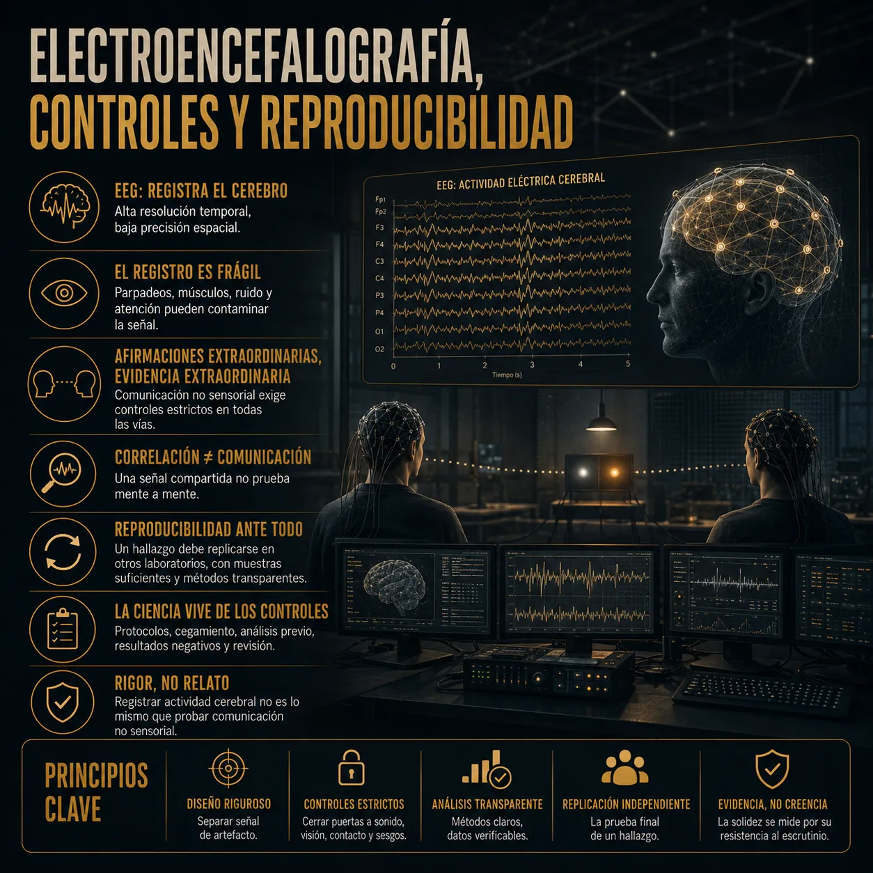 Infografía sobre electroencefalografía, controles y reproducibilidad en los estudios relacionados con Jacobo Grinberg, con registros de actividad cerebral, sujetos conectados a electrodos, señales EEG y bloques visuales sobre ruido, controles estrictos, replicación independiente y evidencia científica.