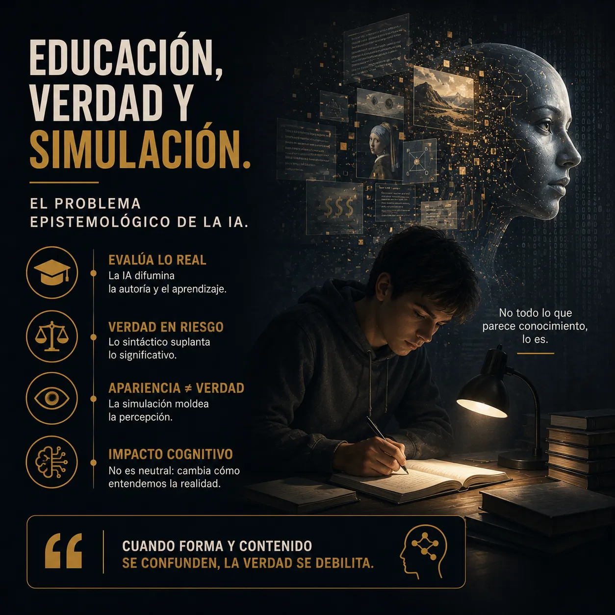 Educación, verdad y simulación: los desafíos cognitivos de la inteligencia artificial en la era digital. Infografía sobre los efectos de la inteligencia artificial en la educación, la construcción del conocimiento y la percepción de la realidad. La imagen muestra a un estudiante trabajando bajo una lámpara mientras una figura digital proyecta contenidos, imágenes y datos generados artificialmente. La composición aborda los desafíos relacionados con la verdad, la autoría, la simulación y el impacto cognitivo de los sistemas de IA en la formación y el aprendizaje.