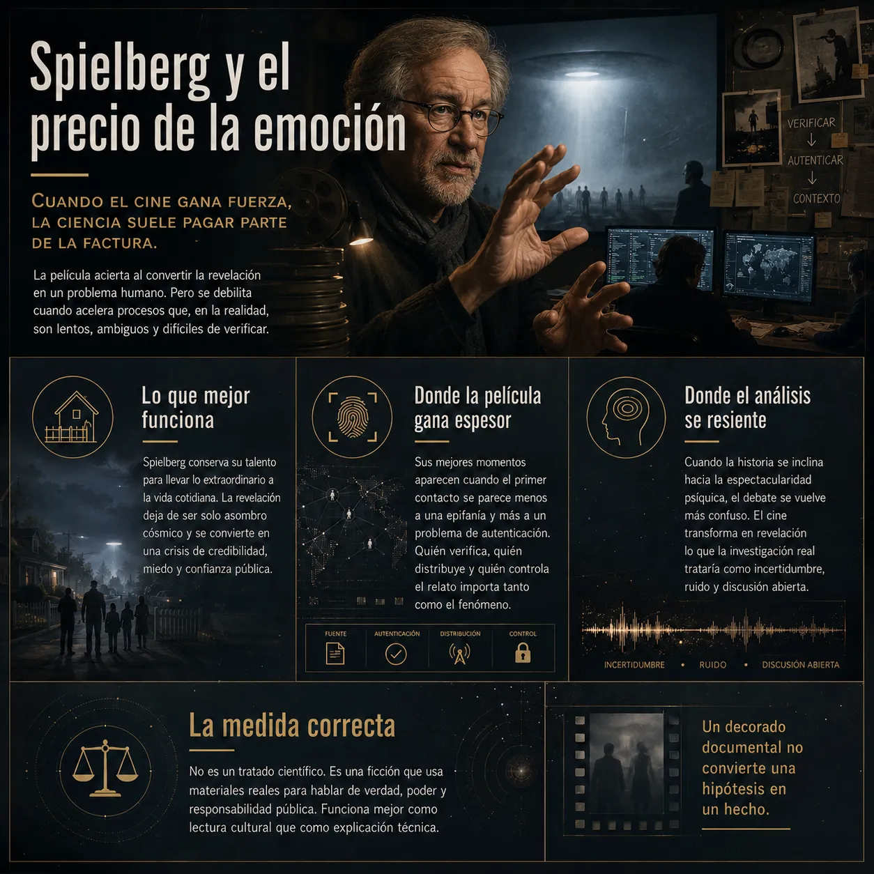 Spielberg y el precio de la emoción. Infografía editorial sobre Spielberg y el coste narrativo de la emoción, con un retrato del director, una escena de revelación extraterrestre y bloques sobre cine, credibilidad, verificación, incertidumbre y límites científicos.