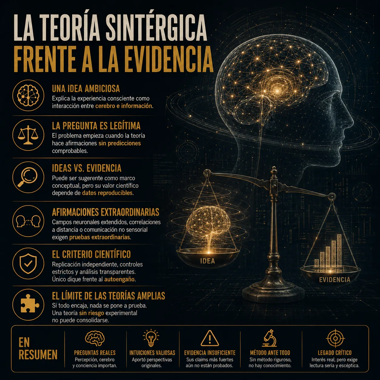 Infografía sobre la teoría sintérgica de Jacobo Grinberg frente a la evidencia científica, con una figura cerebral luminosa, una balanza entre idea y evidencia, y bloques visuales sobre predicciones verificables, datos reproducibles, afirmaciones extraordinarias y límites de las teorías amplias.