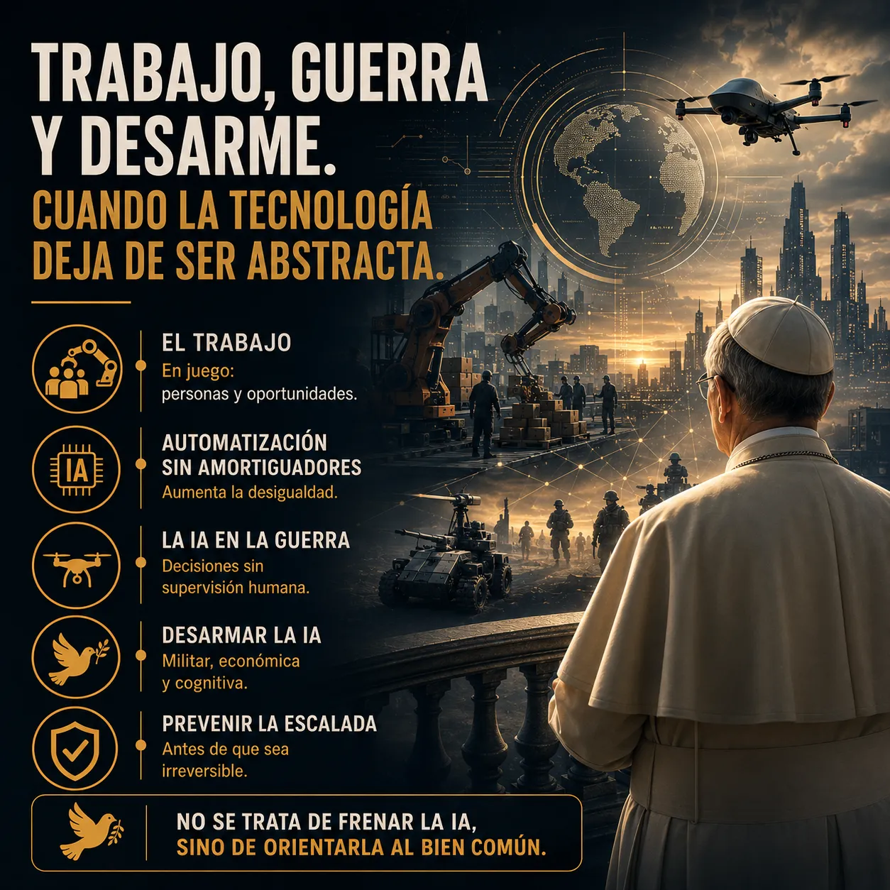 Trabajo, guerra y desarme: los desafíos sociales y geopolíticos de la inteligencia artificial. Infografía sobre el impacto de la inteligencia artificial en el trabajo, la seguridad y los conflictos armados. La imagen muestra a León XIV observando un escenario donde conviven automatización industrial, sistemas robóticos, drones militares y operaciones autónomas conectadas a una red global. La composición aborda los riesgos de la automatización sin protección social, el uso militar de la IA y la necesidad de orientar el desarrollo tecnológico hacia el bien común.