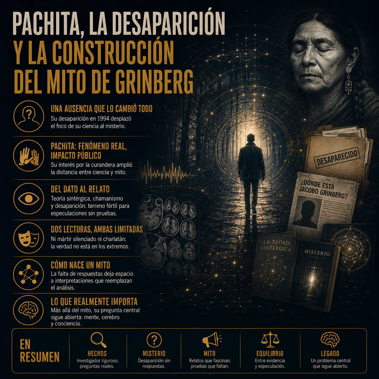 Infografía sobre Pachita, la desaparición de Jacobo Grinberg y la construcción del mito alrededor de su figura, con una curandera, documentos de desaparición, libros sobre teoría sintérgica y una figura caminando hacia un pasillo oscuro, junto a bloques sobre ciencia, especulación, misterio y legado.