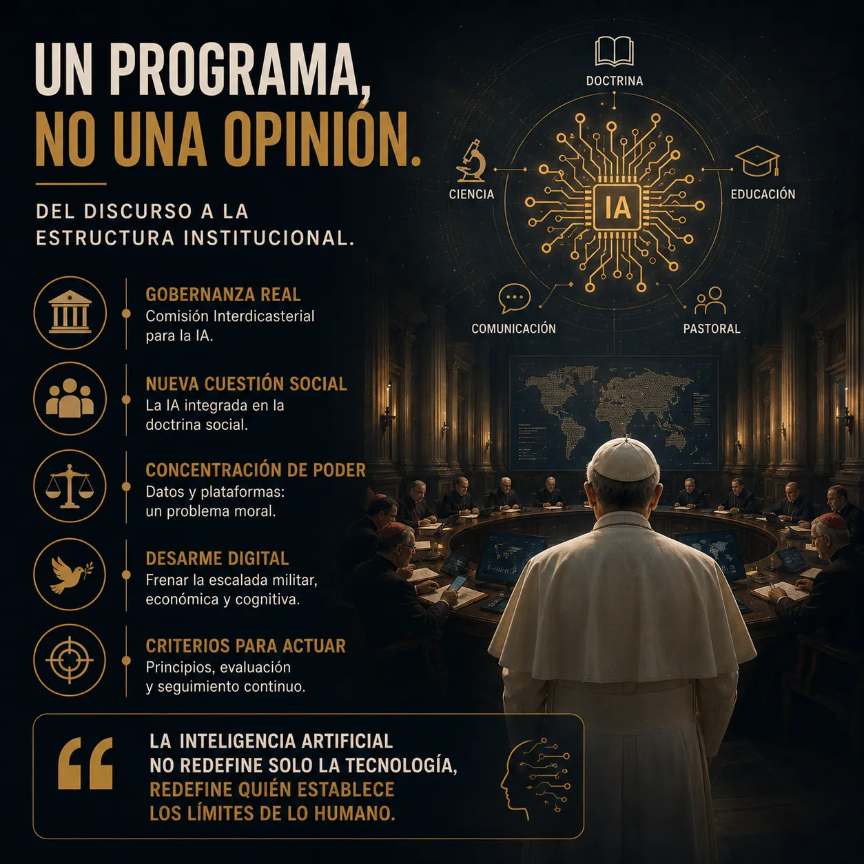 Un programa, no una opinión: la estrategia institucional de León XIV ante la inteligencia artificial. Infografía sobre la estrategia institucional de León XIV ante la inteligencia artificial. La imagen muestra al pontífice presidiendo una reunión de alto nivel en torno a una mesa de gobernanza global, mientras un esquema central conecta inteligencia artificial, ciencia, educación, comunicación, pastoral y doctrina. La composición representa el paso desde los discursos sobre IA hacia la creación de estructuras permanentes de análisis, regulación y orientación ética dentro de las instituciones.