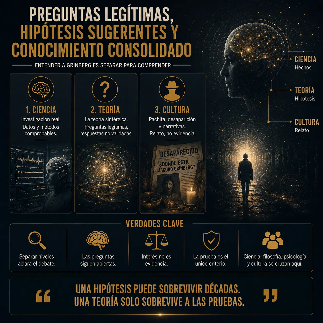 Infografía sobre el legado de Jacobo Grinberg, organizada en tres planos: ciencia, teoría y cultura. Incluye registros cerebrales, referencias a la teoría sintérgica, elementos sobre su desaparición y una figura caminando hacia una luz, para distinguir hechos, hipótesis y relatos.