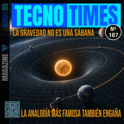 Portada de TecnoTimes nº 187 sobre la analogía de la sábana elástica en la gravedad. Se ve una estrella deformando una malla espacial con varios planetas orbitando alrededor, para ilustrar que la relatividad general describe geometría del espacio-tiempo y no una tela hundida.
