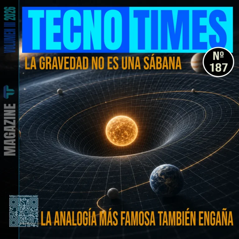 Portada de TecnoTimes nº 187 sobre la analogía de la sábana elástica en la gravedad. Se ve una estrella deformando una malla espacial con varios planetas orbitando alrededor, para ilustrar que la relatividad general describe geometría del espacio-tiempo y no una tela hundida.
