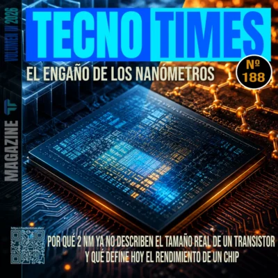 Portada de TecnoTimes nº 188 sobre la evolución de los nodos de fabricación de semiconductores y por qué los 2 nanómetros ya no representan el tamaño real de un transistor.