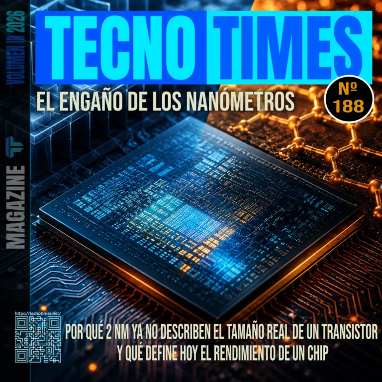 Portada de TecnoTimes nº 188 sobre la evolución de los nodos de fabricación de semiconductores y por qué los 2 nanómetros ya no representan el tamaño real de un transistor.